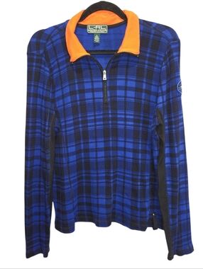 L-RL Ralph Lauren Active 1/4 Zip XL Extra Large Thermal Long Sleeve Blue Plaid